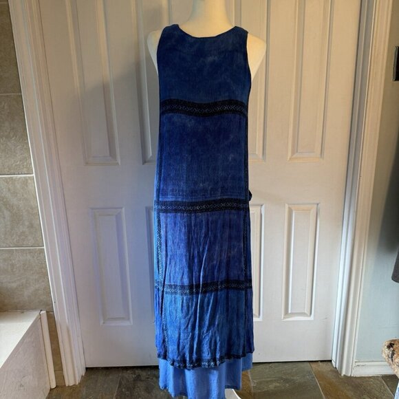 Chico's 90s Sleeveless Maxi Dress Artsy Boho Lagenlook Pockets Blue One Size - Picture 4 of 16